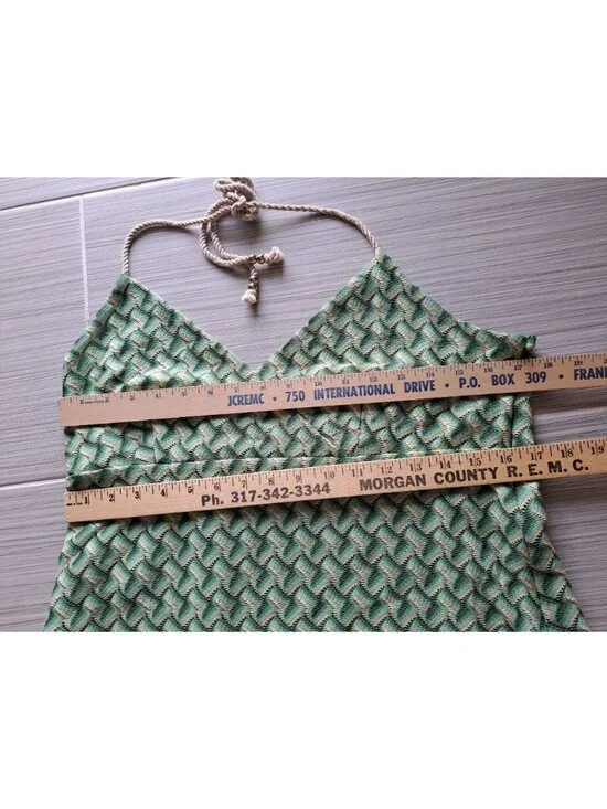 Y2K Green Halter Midi Dress Rope Straps Size 14 Geometric Pattern Boho Retro - Picture 8 of 13